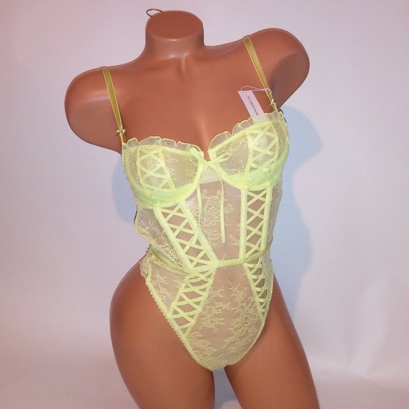 Victoria's Secret Other - Victoria Secret Lingerie Teddy One Piece Bodysuit Yellow Wicked Lace Fairy Cotta